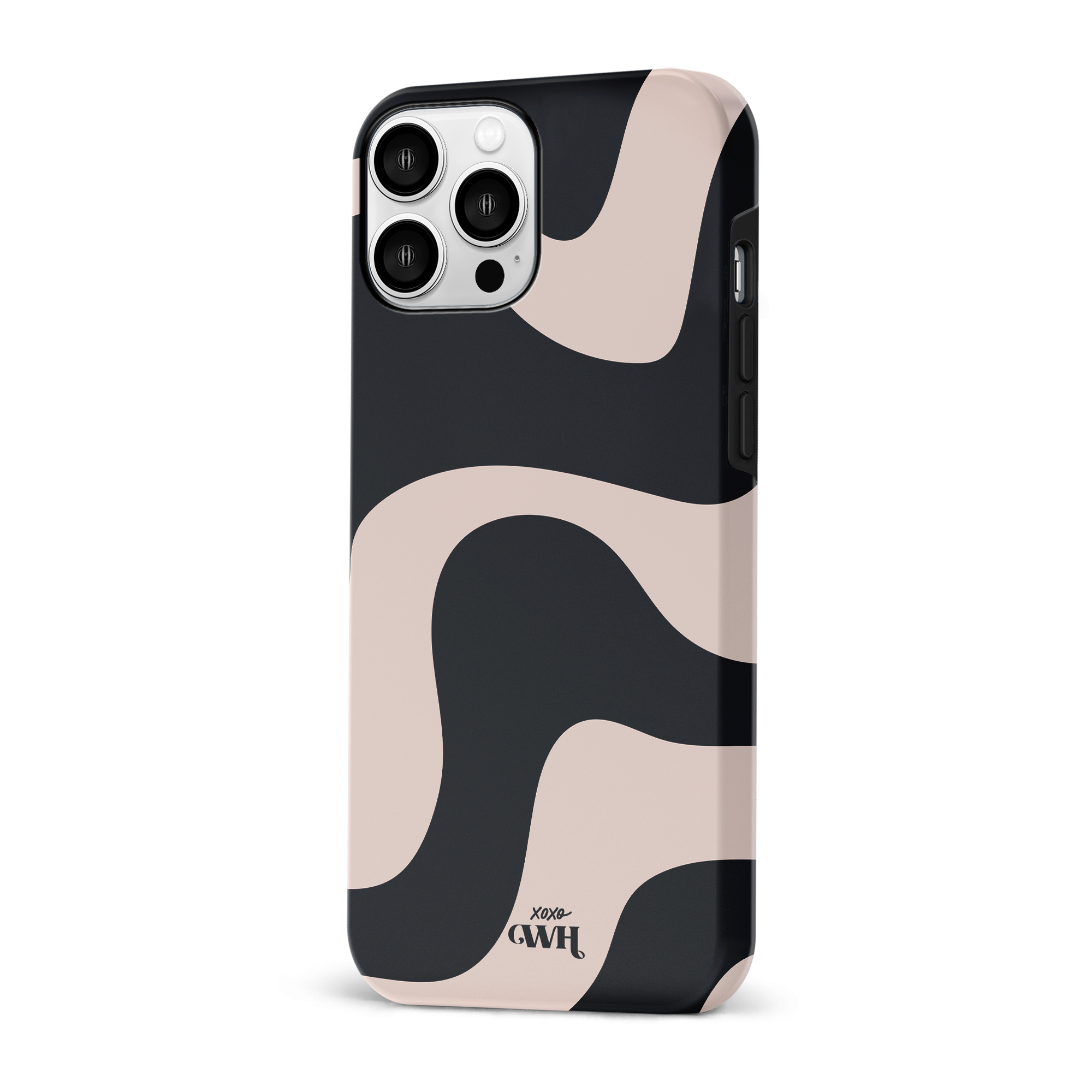 Zwart-beige iPhone 13 Pro hoesje met abstracte golven en "xoxo GWH" logo.