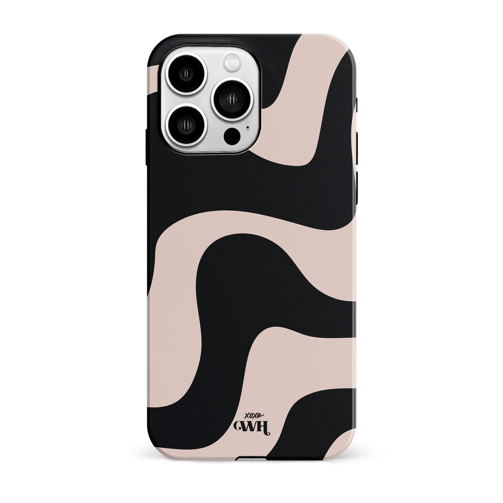 Stijlvol iPhone 13 Pro hoesje met zwart-beige golvend design en "xoxo GWH" logo.