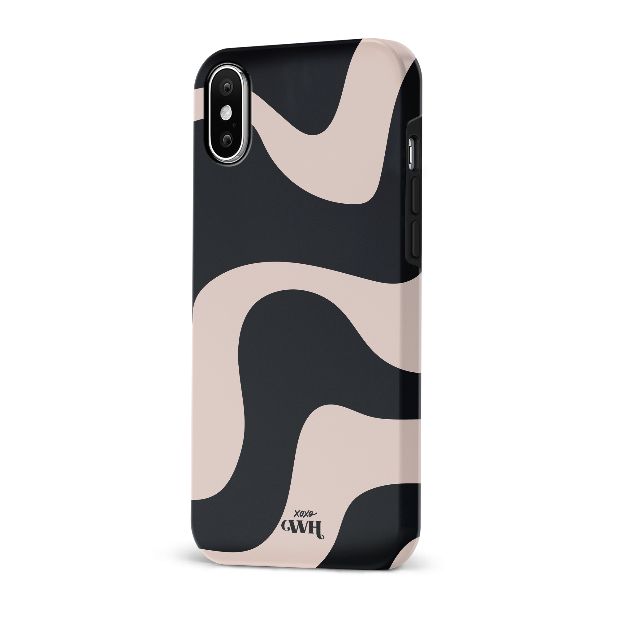 iPhone X/XS hoesje met zwart en beige abstract golvend patroon, gemaakt van hard kunststof.