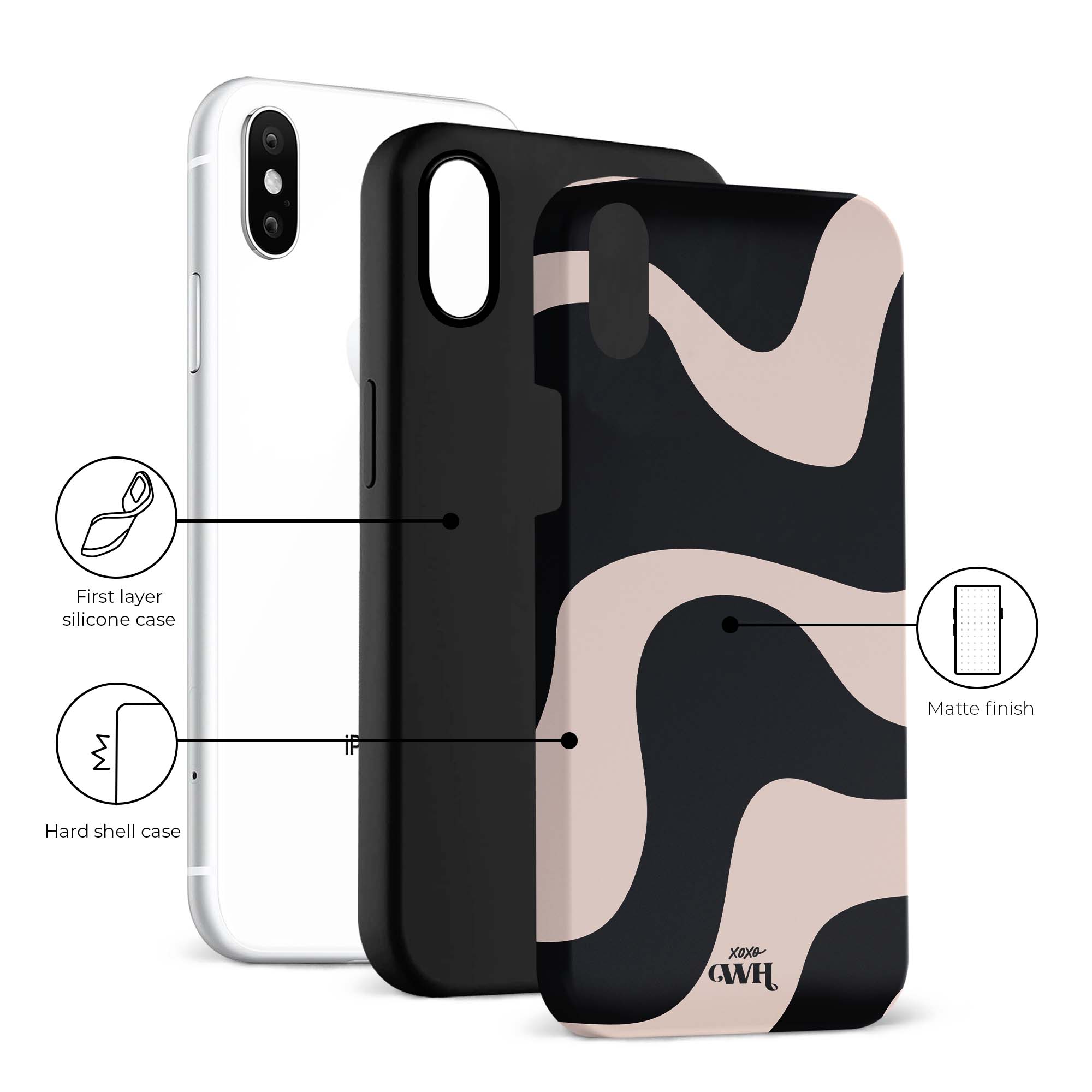 Zwart-beige abstracte iPhone X/XS hoesje met matte afwerking en optionele siliconen binnenlaag.