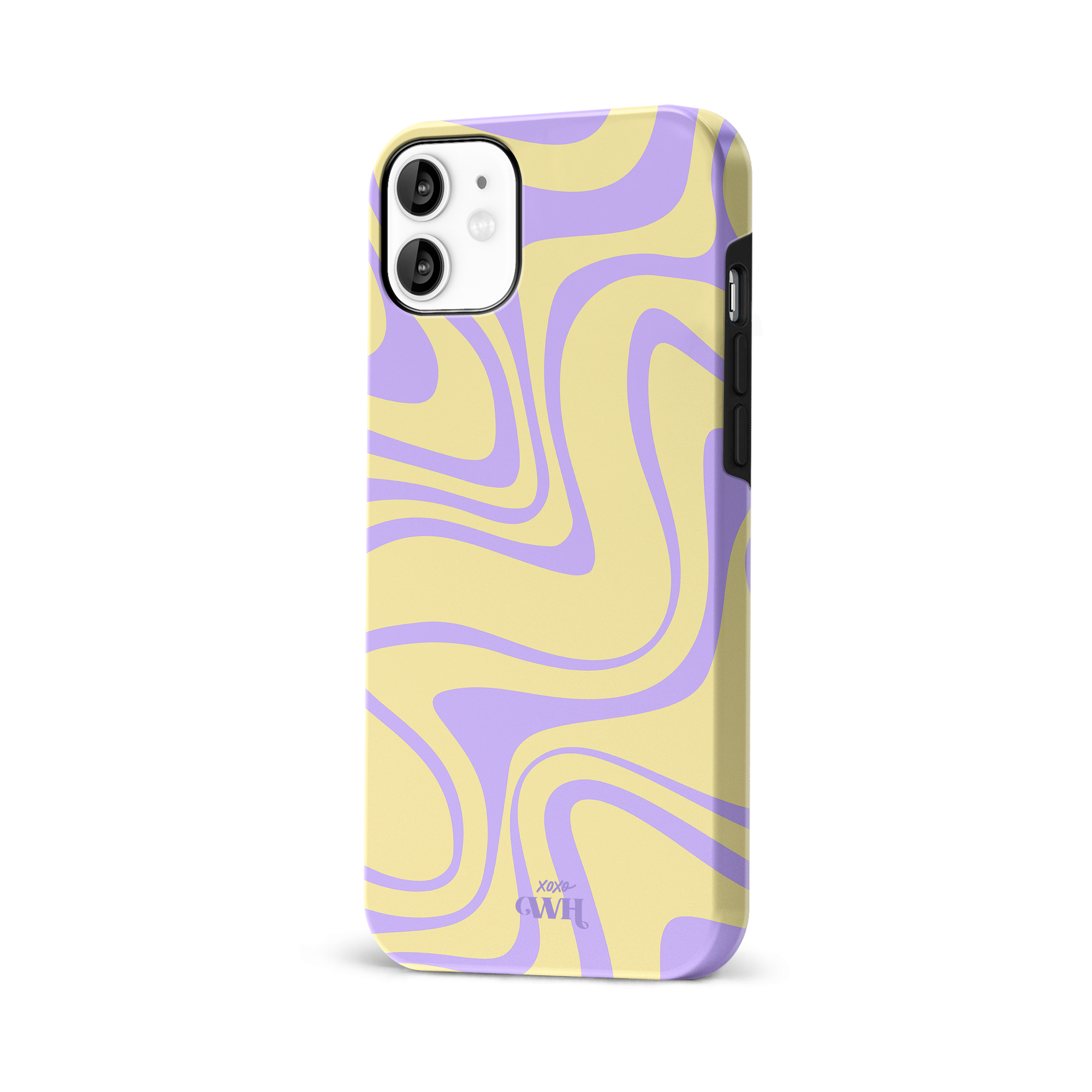 iPhone 12 hoesje met geel en paars golvend patroon, hard kunststof.