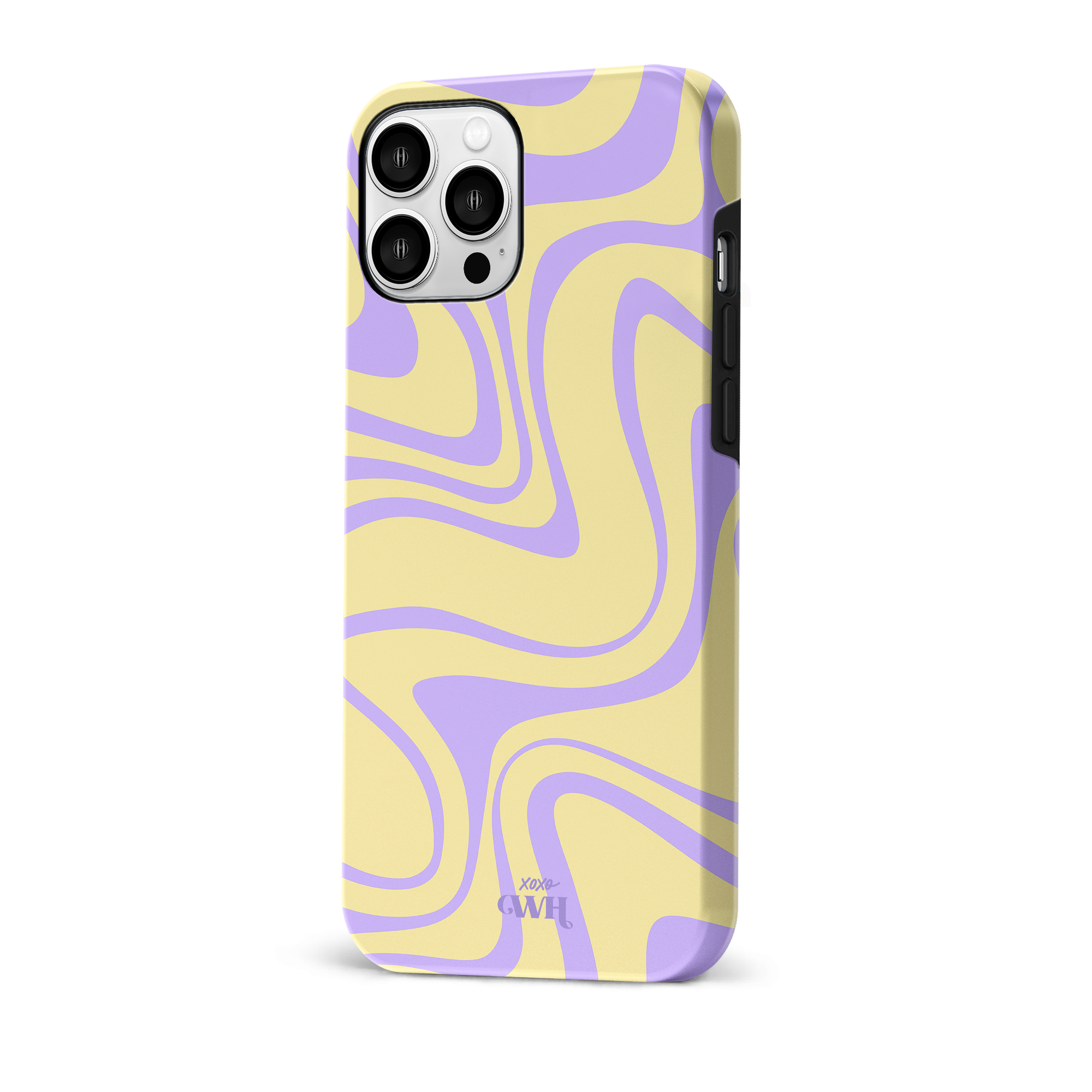 iPhone 12 Pro hoesje met vrolijk geel en fris paars golvend patroon, gemaakt van stevig hard kunststof.