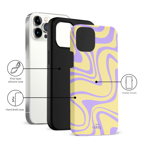 iPhone 12 Pro hoesje met geel en paars wervelend design, dubbele laag: siliconen en hard kunststof.
