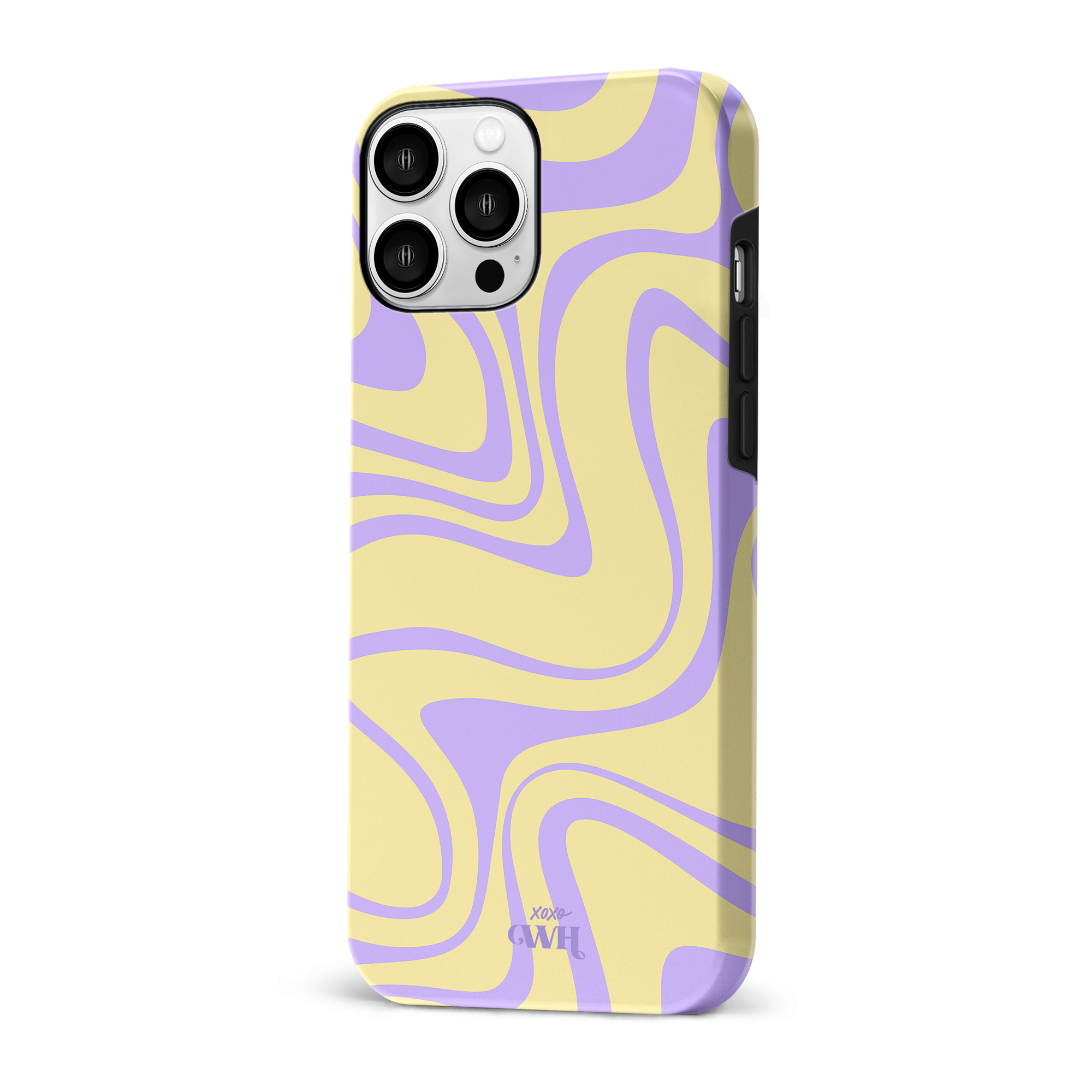 iPhone 13 Pro hoesje met geel en paars golvend patroon, gemaakt van stevig hard kunststof.