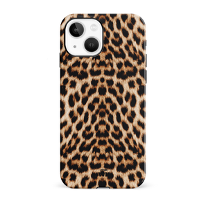 iPhone 14 hoesje met een wild panterprint design van stevig hard kunststof, met zwarte randen.