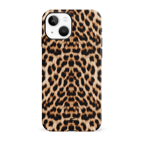 iPhone 14 hoesje met een wild panterprint design van stevig hard kunststof, met zwarte randen.
