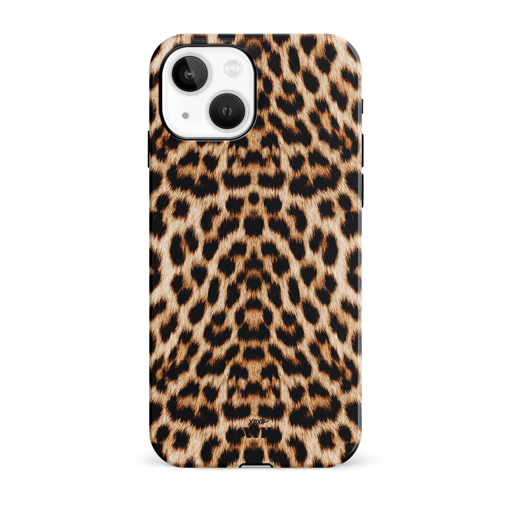 iPhone 14 hoesje met een wild panterprint design van stevig hard kunststof, met zwarte randen.
