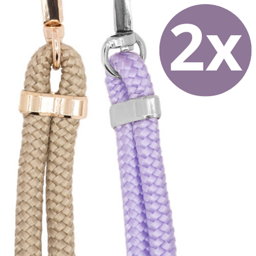 xoxo Wildhearts - xoxo Wildhearts bundel 2x telefoonkoord - Bruin met Goud & Lila met zilver - Easy Cord - Telefoonbandjes - Ketting voor telefoon universeel - Koord geschikt voor iPhone - Phone Cord Samsung - 2x Easy Cord
