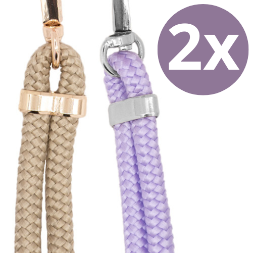 xoxo Wildhearts - xoxo Wildhearts bundel 2x telefoonkoord - Bruin met Goud & Lila met zilver - Easy Cord - Telefoonbandjes - Ketting voor telefoon universeel - Koord geschikt voor iPhone - Phone Cord Samsung - 2x Easy Cord