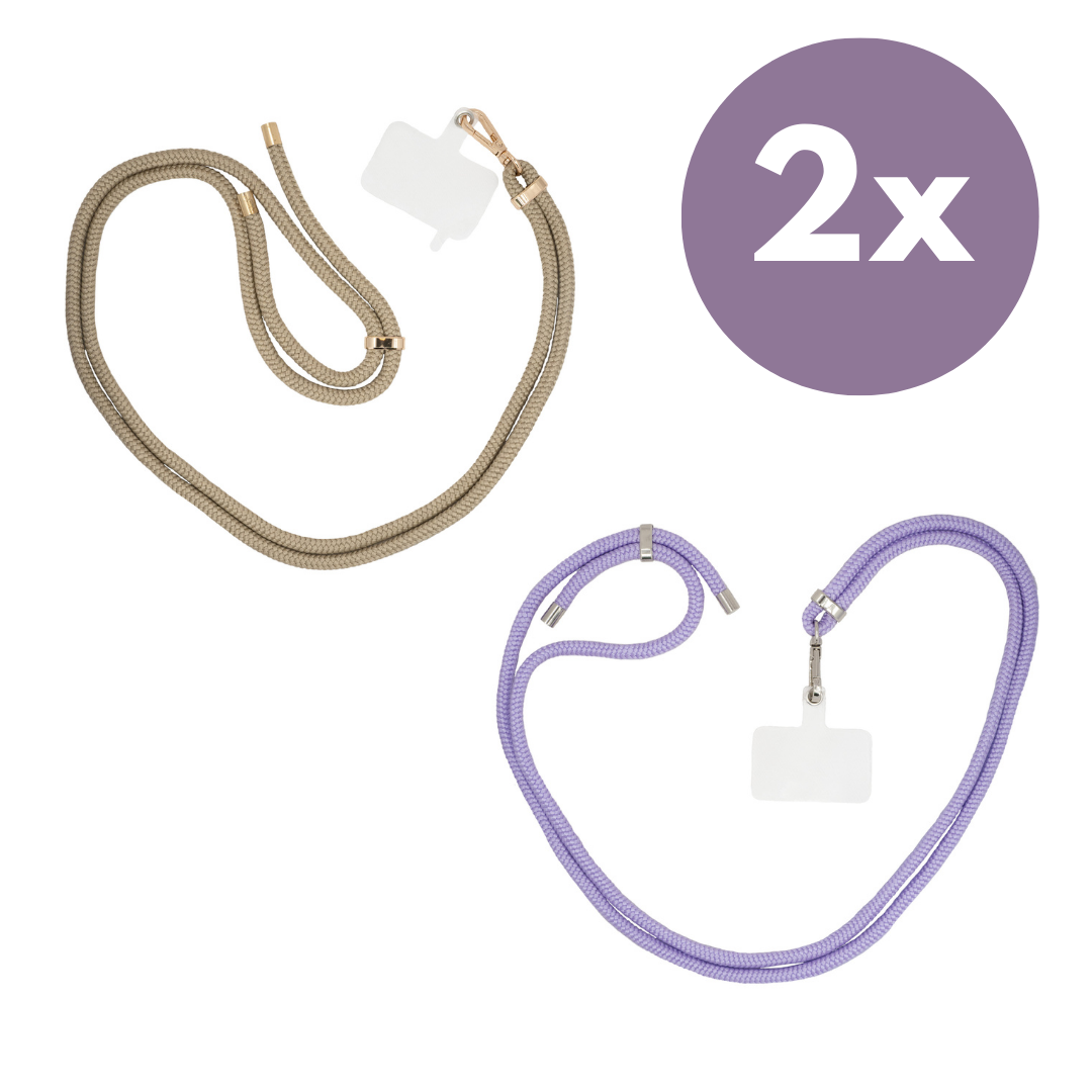 xoxo Wildhearts - xoxo Wildhearts bundel 2x telefoonkoord - Bruin met Goud & Lila met zilver - Easy Cord - Telefoonbandjes - Ketting voor telefoon universeel - Koord geschikt voor iPhone - Phone Cord Samsung - 2x Easy Cord