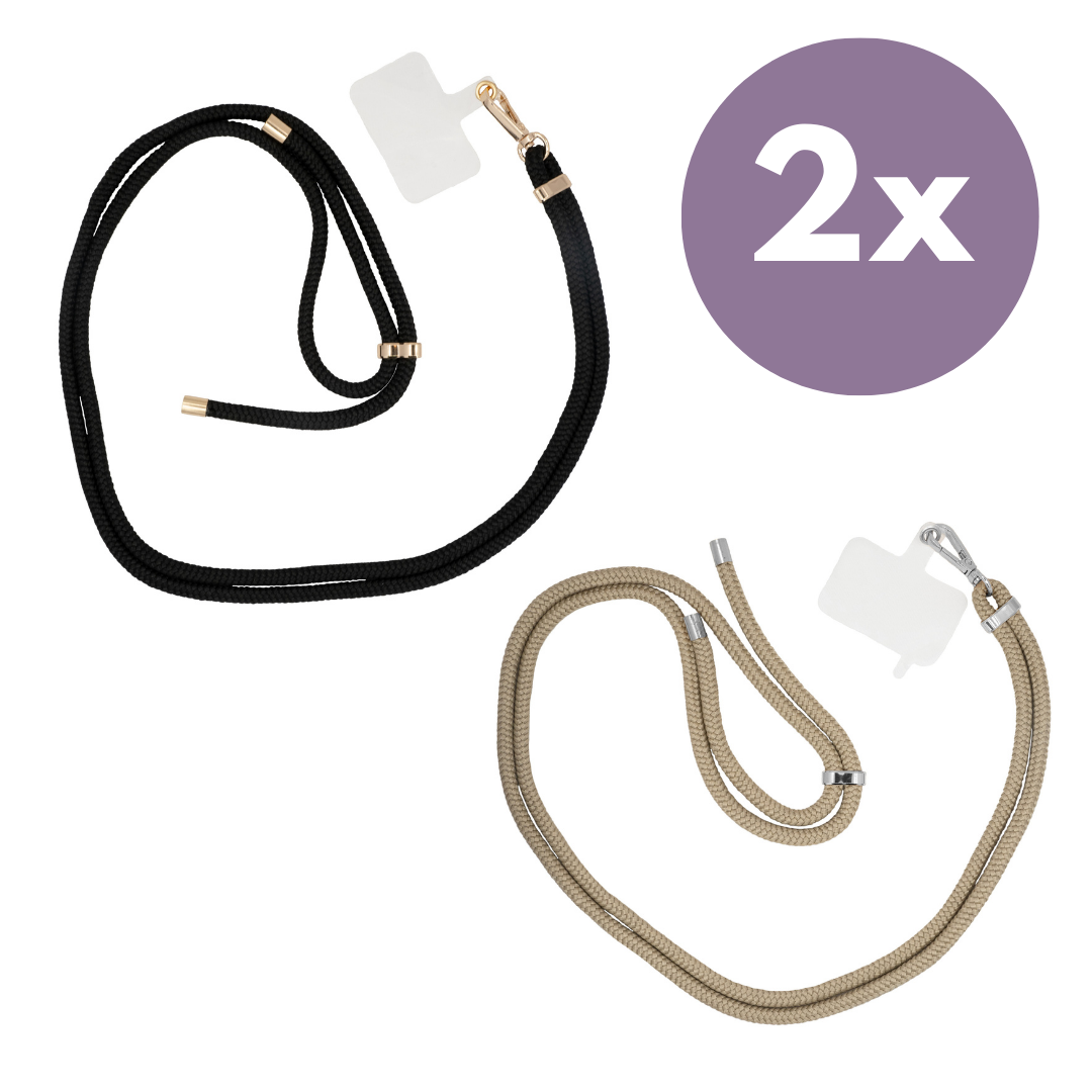 xoxo Wildhearts - xoxo Wildhearts bundel 2x telefoonkoord - Zwart met Goud & Bruin met Zilver - Easy Cord - Telefoonbandjes - Ketting voor telefoon universeel - Koord geschikt voor iPhone - Phone Cord Samsung - 2x Easy Cord