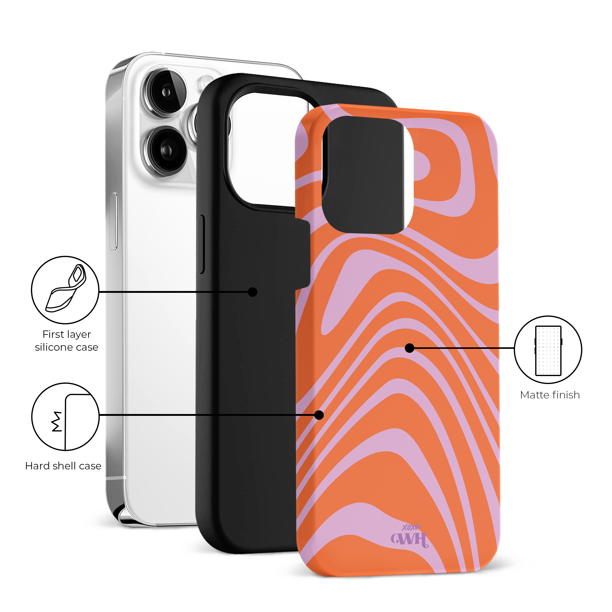 xoxo Wildhearts - xoxo Wildhearts telefoonhoesje geschikt voor iPhone 11 Pro Max met AirPods Pro (2) hoesje - set - Boogie Wonderland Orange - Double Layer - Telefoonhoesje met dubbele beschermlaag - Hoesje met golvend patroon - Golven - Oranje met Paars
