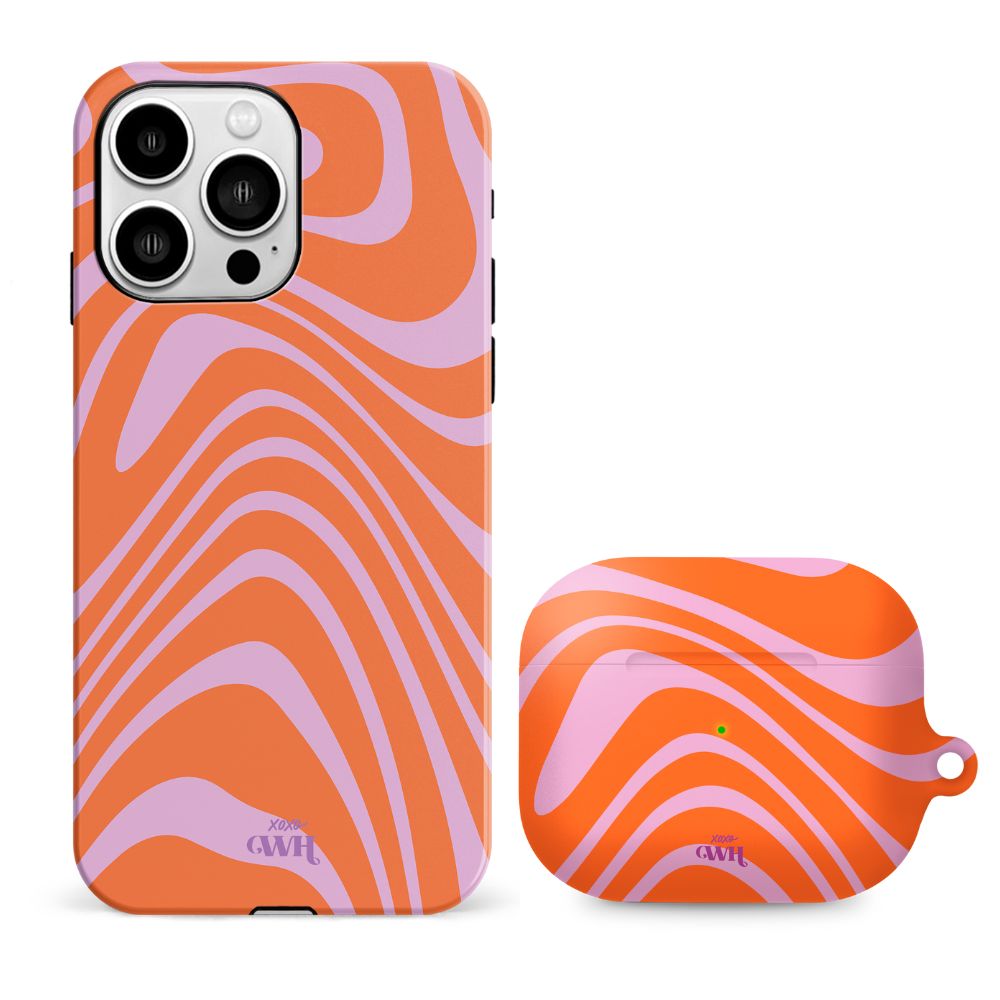 xoxo Wildhearts - xoxo Wildhearts telefoonhoesje geschikt voor iPhone 14 Pro met AirPods Pro (2) hoesje - set - Boogie Wonderland Orange - Double Layer - Telefoonhoesje met dubbele beschermlaag - Hoesje met golvend patroon - Golven - Oranje met Paars