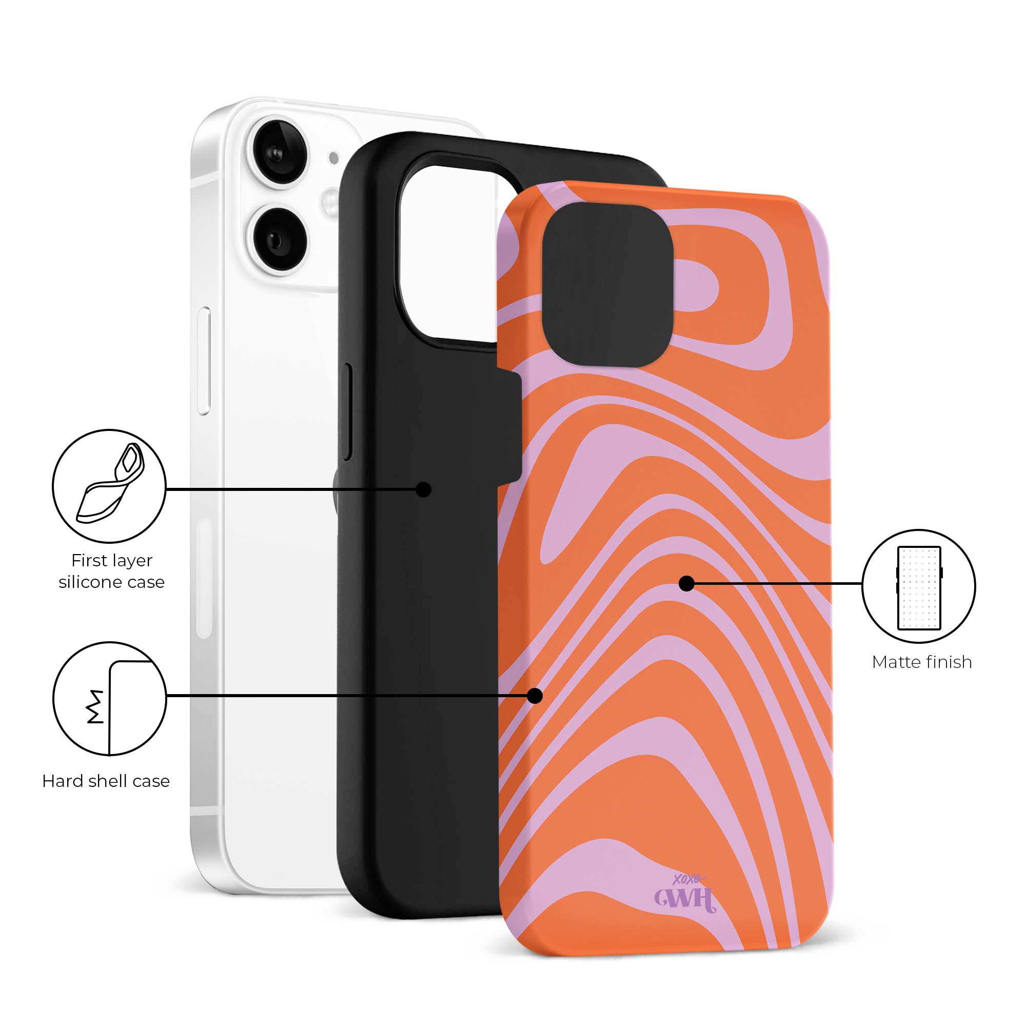 xoxo Wildhearts - xoxo Wildhearts telefoonhoesje geschikt voor iPhone 12 met AirPods Pro (2) hoesje - set - Boogie Wonderland Orange - Double Layer - Telefoonhoesje met dubbele beschermlaag - Hoesje met golvend patroon - Golven - Oranje met Paars