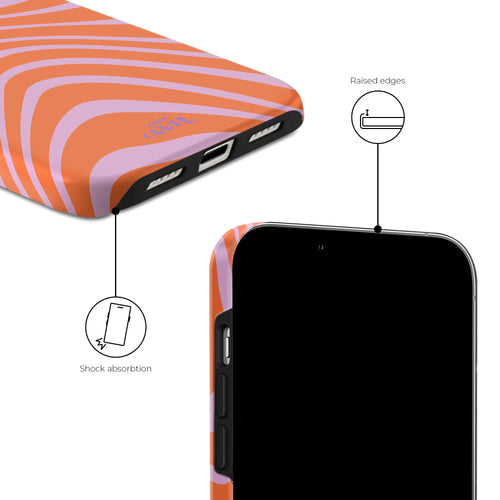 xoxo Wildhearts - xoxo Wildhearts telefoonhoesje geschikt voor iPhone 13 Pro met AirPods Pro (2) hoesje - set - Boogie Wonderland Orange - Double Layer - Telefoonhoesje met dubbele beschermlaag - Hoesje met golvend patroon - Golven - Oranje met Paars