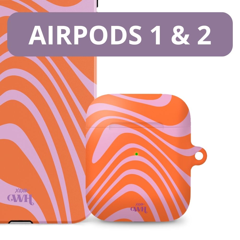 xoxo Wildhearts - xoxo Wildhearts telefoonhoesje geschikt voor iPhone 12 met AirPods 1 en 2 hoesje - set - Boogie Wonderland Orange - Double Layer - Telefoonhoesje met dubbele beschermlaag - Hoesje met golvend patroon - Golven - Oranje met Paars