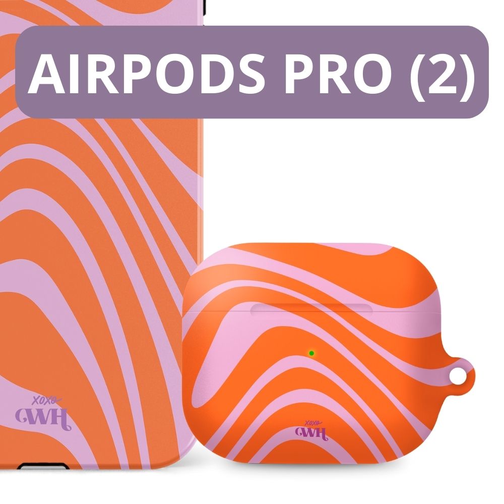 xoxo Wildhearts - xoxo Wildhearts telefoonhoesje geschikt voor iPhone 14 Pro met AirPods Pro (2) hoesje - set - Boogie Wonderland Orange - Double Layer - Telefoonhoesje met dubbele beschermlaag - Hoesje met golvend patroon - Golven - Oranje met Paars