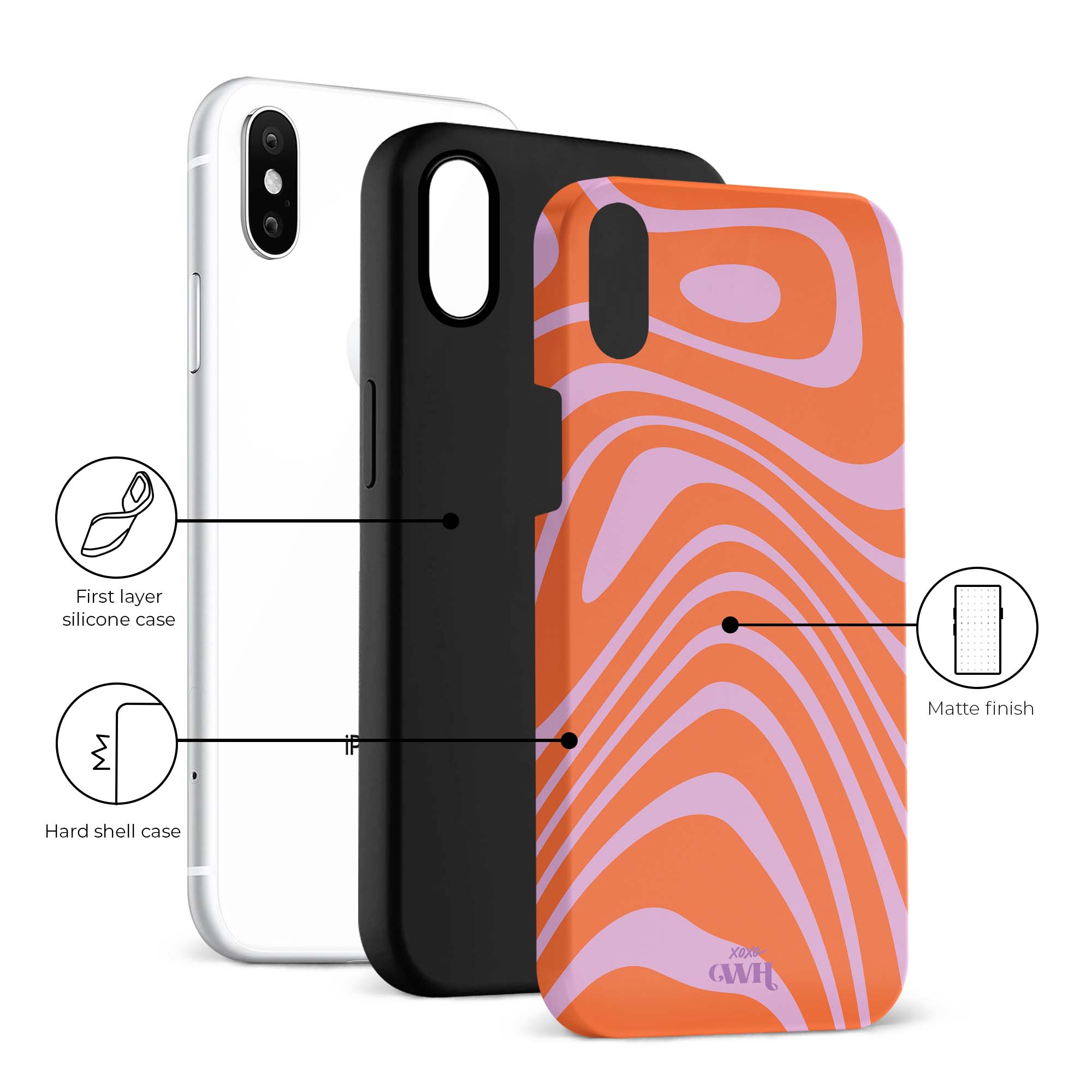 xoxo Wildhearts - xoxo Wildhearts telefoonhoesje geschikt voor iPhone X/10 en XS met AirPods Pro (2) hoesje - set - Boogie Wonderland Orange - Double Layer - Telefoonhoesje met dubbele beschermlaag - Hoesje met golvend patroon - Golven - Oranje met Paars